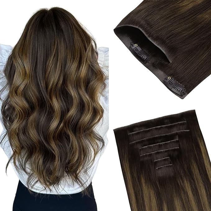 GOO GOO Invisi Edge Clip in Hair Extensions 24inch 170g 7Pcs Injected Seamless PU Clip in Hair Extensions, Virgin Real Human Hair, #2/6/2 Balayage Dark Brown to Chestnut Brown