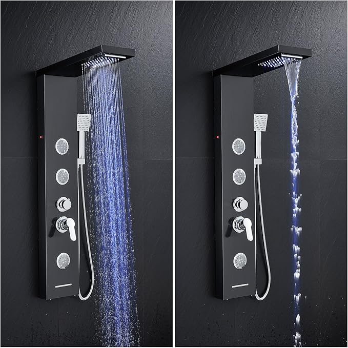 TSIBOMU Multi-Function LED Lights Shower Panel System Black, 5 in 1 Shower Panel Include Rainfall & Waterfall Shower Head, 3 Pcs Adjustable Massage Jets, Handheld Shower, Tub Spout