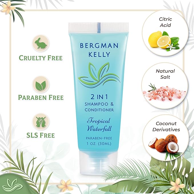 BERGMAN KELLY Round Soap Bars, 2in1 Shampoo & Conditioner 2-Piece Set (Tropical Waterfall, 1 oz each, 100 pc), Delight Your Guests with Revitalizing & Refreshing Sanitary Toiletries & Hotel Amenities
