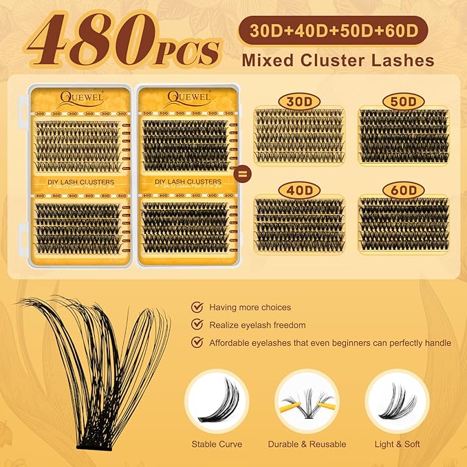 QUEWEL 480PCS Eyelash Clusters 30D+40D+50D+60D Wispy Lash Clusters 10-18mm Cluster Lashes Individual Lashes Clusters Reusable for Natural DIY Cluster Eyelash Extensions for Beginners