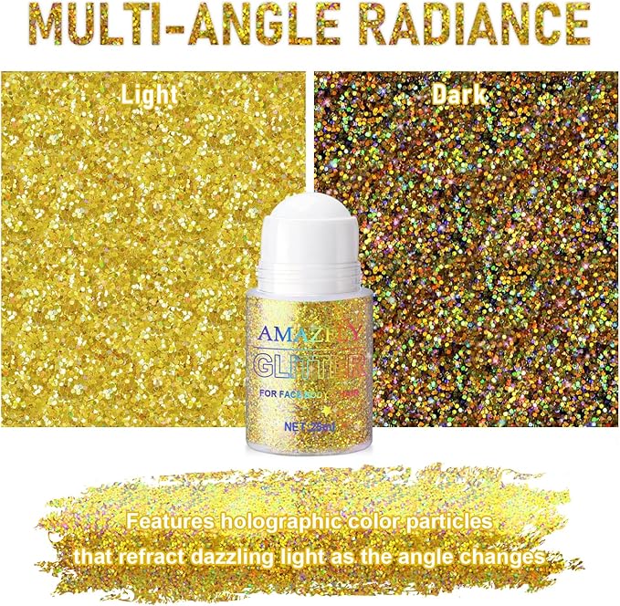 Roll-on Holographic Body Glitter Gel for Face and Hair, Chameleon Color Changing Glitter Gel Under Light, Chunky Mermaid Sequins Shimmer Makeup for Halloween Party Rave Accessories (Gold)