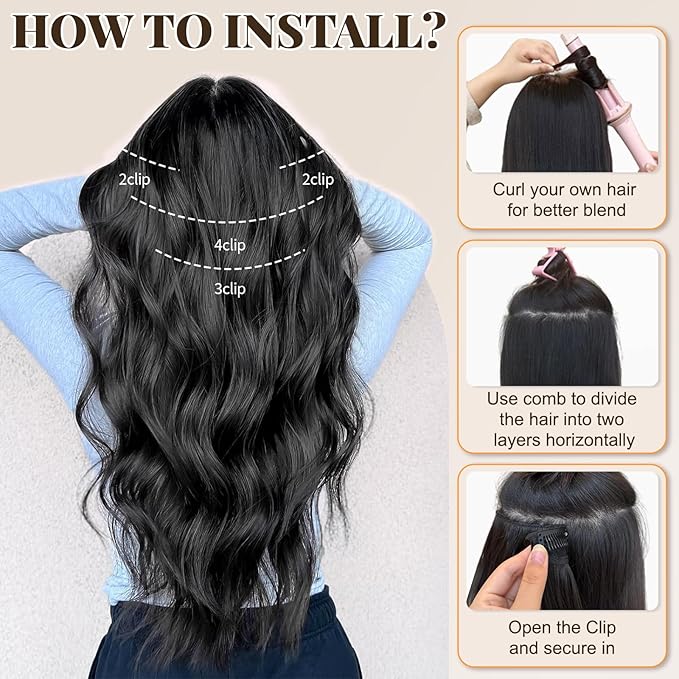 ALXNAN Clip in Long Wavy Synthetic Hair Extension 24 Inch Natural Black 4PCS Thick Hairpieces Fiber Double Weft Hair for Women