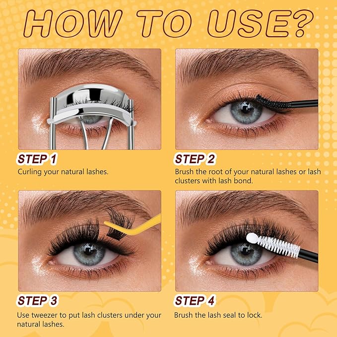 QUEWEL Lash-Clusters-Kit, DIY Lash Extension Kit 3D Effect Lash-Clusters Mix 10-18mm Eyelash Clusters with Lashes Bond and Seal Eyelash Tweezers (3D Cloud A Kit)
