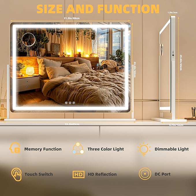 Large Vanity Mirror with Lights 34'' x 25.6'' - Touch Screen Hollywood Makeup Mirror, 3 Color Modes + Dimmable LED Lighting, Premium Aluminum Frame for Dressing Table