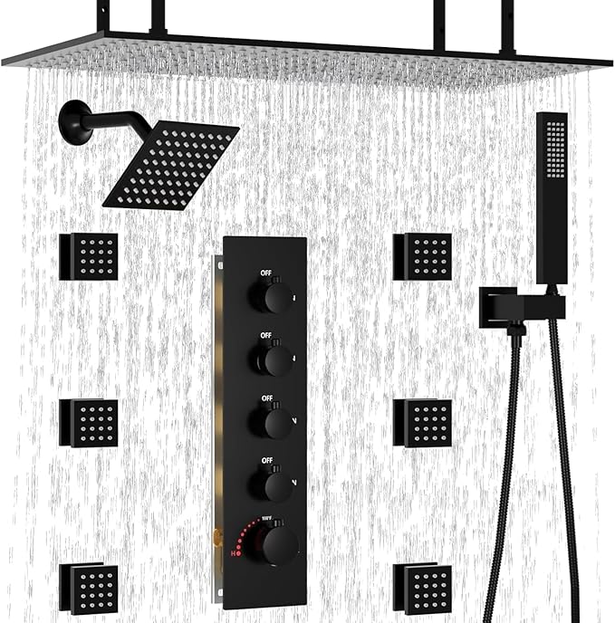 HOMEDEC 15.7x31.5" Ceiling Mounted Rainfall and 6" Wall Mounted Shower Heads with 6 Body Jets, Dual Shower Head System Rain Shower Faucet Set, Black