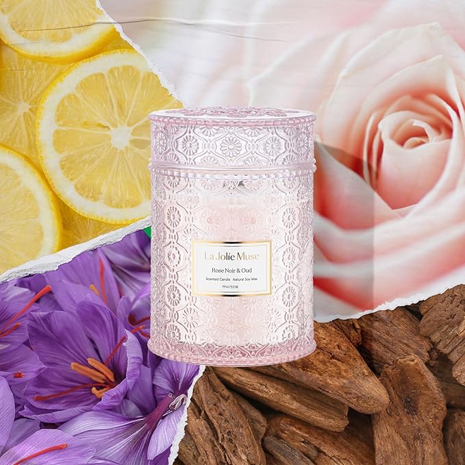LA JOLIE MUSE Rose Noir & Oud Scented Candle – Lemon, Rose & Oud | Valentine's Day Candle Gift | 19 oz Large Wooden Wick Candle | Natural Soy Wax | 90 Hours Clean Burn | Elegant Home Décor