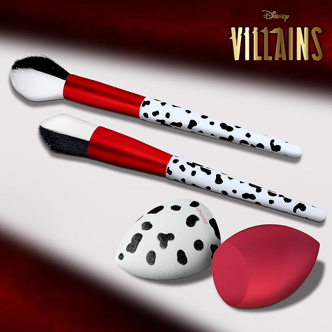 Disney Cruella 7PC Premium Makeup Brush & Blender Set, All-over, Highlighter, Concealer, and Eyeshadow Brush, 2 Beauty Blender Sponges for women and girls by Belle Maison