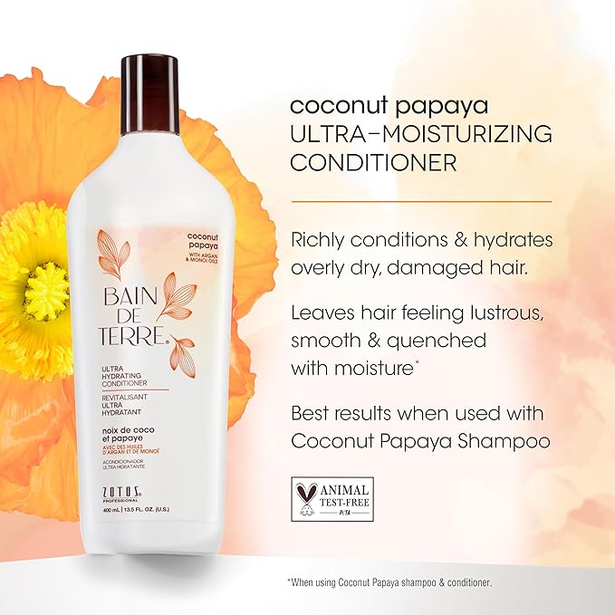 Bain de Terre Ultra Hydrating Shampoo and Conditioner Set | Coconut Papaya | Hydrates Overly Dry | Damaged Hair | Paraben Free | Color-Safe | 13.5 Fl Oz