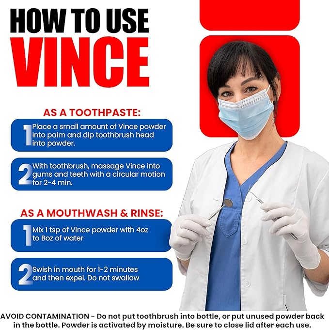 Vince Gum & Mouth Toothpaste Powder - Dentifrice & Mouthwash - Cavity Prevention - Gingivitis - Irritated, Bleeding & Receding Gums - Canker Sore - Bad Breath - Inflammation - Tonsil Stones - 4 Ounce