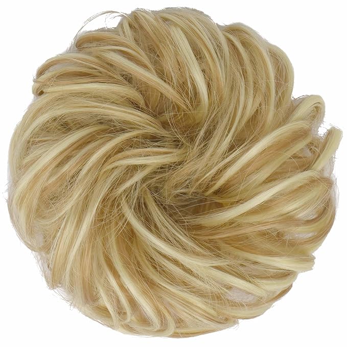 FESHFEN Messy Bun Hair Piece - Wavy Synthetic Chignon Scrunchies for Instant Volume, Elastic Bun Ponytail Hair Extensions Thick Hairpieces for Women, Lightest Ash Brown & Bleach Blonde 1.50 oz