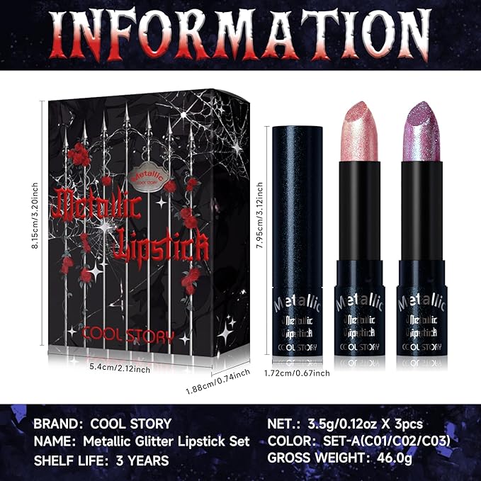 Metallic Glitter Lipstick Set Shimmering Colors Long Lasting Waterproof Plump Matte Moisturizing (Set-A)