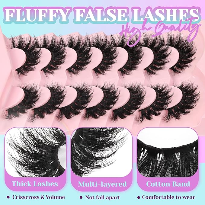 Losha Lashes Kit Volume False Eyelashes Fluffy Cat Eye Lashes 7 Pairs Crisscross Lashes Strips 8-18mm Thick Fake Eyelashes 3D Faux Mink Lashes (FC03 Kit)