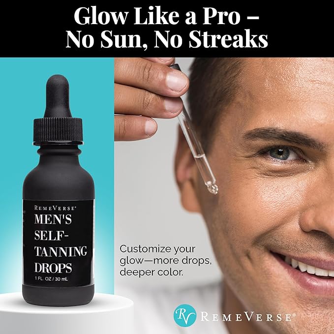 RemeVerse Men’s Self-Tanning Drops - Achieve Natural-Looking Even Skin Tone with Customizable Sunless Tanner for Men - Post-Shave Skin Protection - Ideal for All Skin Types and Tones - 1 oz