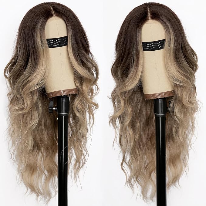 AISI HAIR Ombre Dirty Blonde Wig for Women, Long Wavy Lace Hairline Middle Part Synthetic Wig for Daily Party-26 Inch