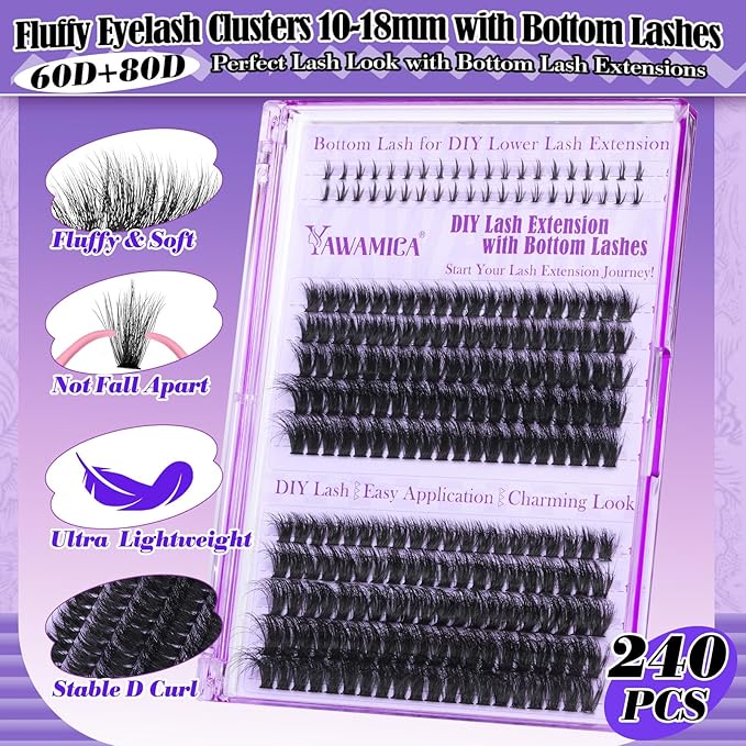 Yawamica Lash Clusters Kit DIY Lash Extension Kit with Bottom Lashes Fluffier Wispy Cluster Eyelash Extension 10-18MM 60D+80D Individual Lashes Kit with Lash Bond and Seal and Applicator for Beginners