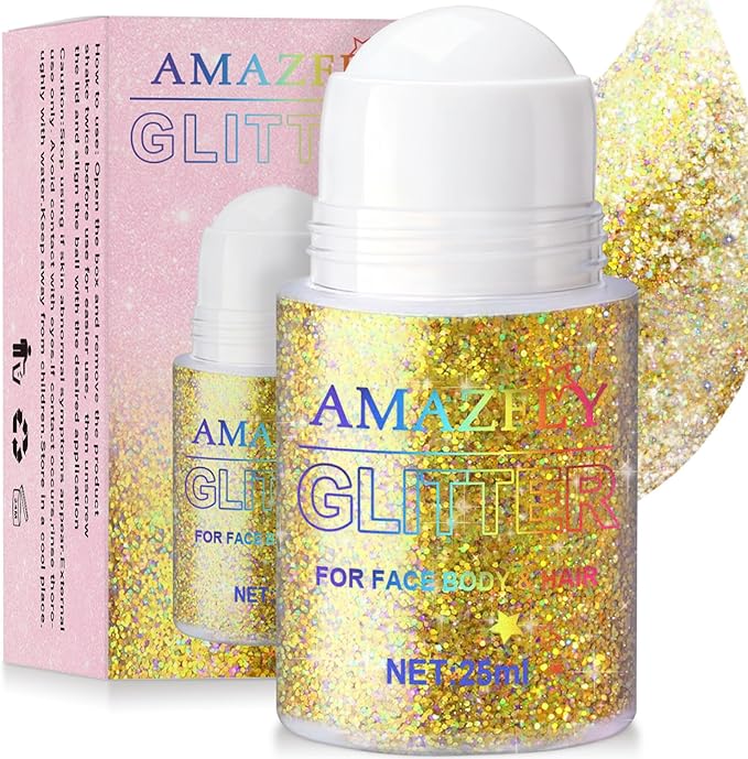 Roll-on Holographic Body Glitter Gel for Face and Hair, Chameleon Color Changing Glitter Gel Under Light, Chunky Mermaid Sequins Shimmer Makeup for Halloween Party Rave Accessories (Gold)