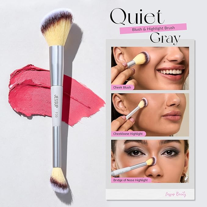 Jessup Face Makeup Brush Set 3pcs Double Sided Makeup Brushes for Foundation Contour Blush Highlight Concealer, Cruelty Free Cosmetic Tools Quiet Gray T521