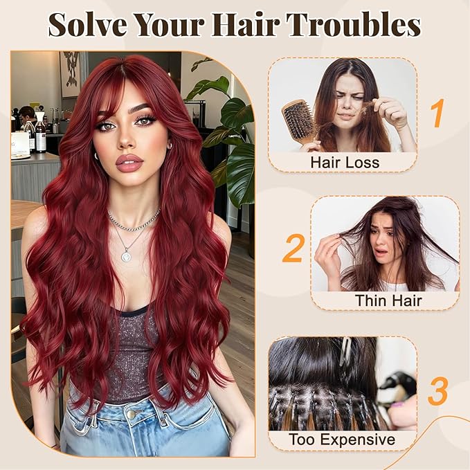 ALXNAN Clip in Long Wavy Synthetic Hair Extension 24 Inch Red 4PCS Thick Hairpieces Fiber Double Weft Hair for Women