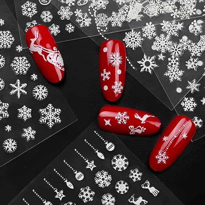 12 Sheets Christmas Nail Art Stickers 3D Holiday Stickers Self Adhesive Christmas Nail Decals Snowflake Art Supplies Decoration Accessories for Women & Girls