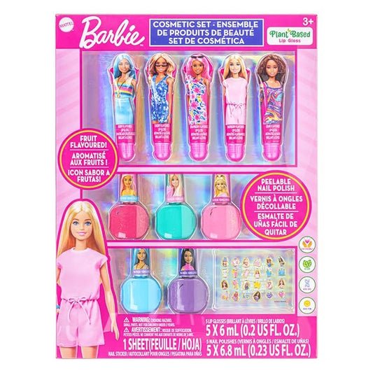 Barbie Cosmetic Makeup Set for Girls with Super Sparkly Lip Gloss Nail Polish and Nail Stickers 11 Pieces, Perfect for Parties Sleepovers Makeovers, Birthday, Ages by Townley Girl