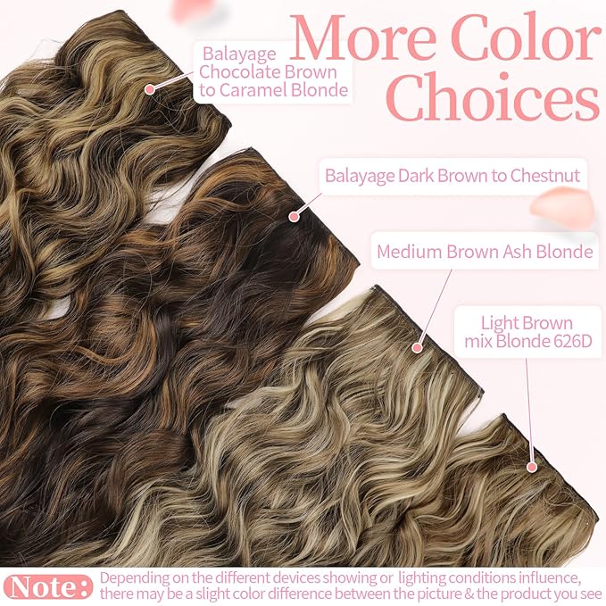 KooKaStyle Clip in Long Wavy Synthetic Hair Extension 20 Inch 4PCS Balayage Dark Brown to Chestnut Hairpieces Fiber Thick Double Weft Hair Extension for Women