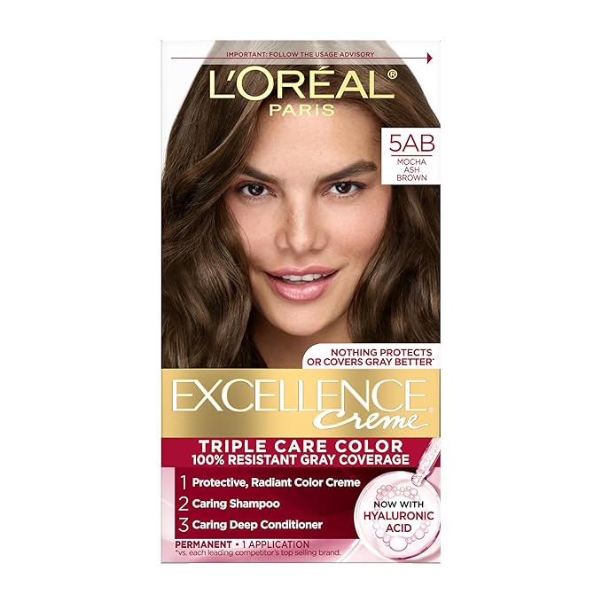 L'Oreal Paris Excellence Crème Permanent Hair Dye, Triple Care Hair Color with Hyaluronic Acid for 100% Gray Coverage, 5AB Mocha Ash Brown, 1 Kit (Packaging May Vary)