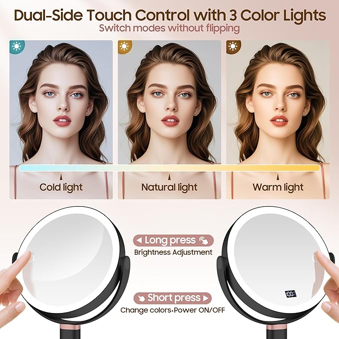 Magnifying Mirror with Light 30X/1X, Digital Display, Smart Touch Control, Vanity Mirror with 3 Color Lights, 360 Rotate, Height Adjustable Lighted Magnifying Mirrors for Desk Travel