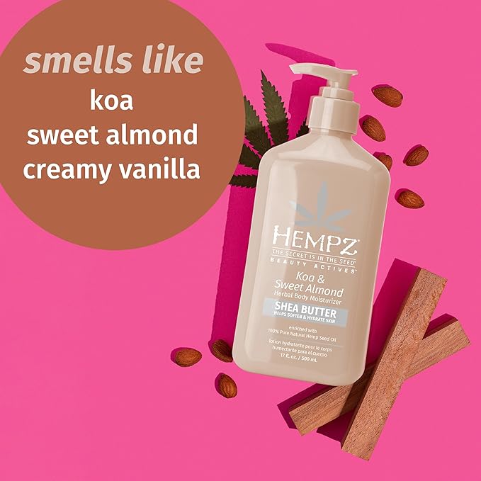 HEMPZ Koa & Sweet Almond Herbal Body Moisturizer for Women, 17 Fl. oz. - Moisturizing Lotion with 100% Pure Hemp Seed Oil and Shea Butter - Hydrating Vegan Lotion for Dry Skin