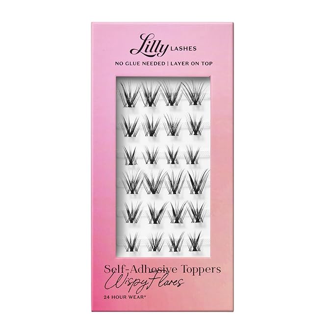 Lilly Lashes Self-Adhesive Wispy Flares Lash Clusters Toppers – Pre-Glued Clear-Band False Lashes for Effortless Application, 24 Hr All-Day Hold, Lightweight & Reusable Lash Extensions