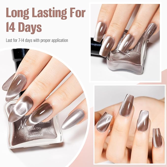 Cat Eye Nail Polish 15ml Quick Drying Nail Polish with Magnet Regular Champagne Cateye Air Dry Oil-Base Glossy Magnetic Nails Polish Non Gel DIY Nail art Home Salon