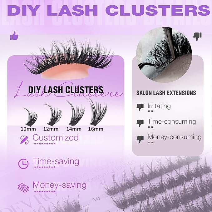 EYDEVRO Fairy Lash Clusters Kit Wispy Eyelash Clusters with Spikes 10-16mm Lash Extension Kit D Curvature Volume Cluster Eyelash Extensions Kit Individual Lashes Lash Bond and Seal Tweezers Brushes