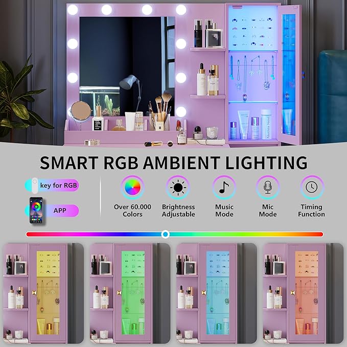 Vanity Desk with Mirror and Lights, Makeup Vanity Table Set with 5 Storage Drawers, Power Outlet & Chair, Small Dressing Table with RGB Ambient Light, Adjustable Brightness for Girls Bedroom, Purple