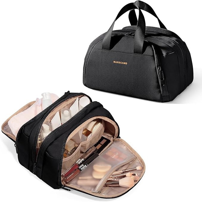 Marscamd Travel Toiletry Bag for Women, Waterproof Makeup & Cosmetic Organizer with Leakproof Pockets for Bathroom or Vanity Use, Black
