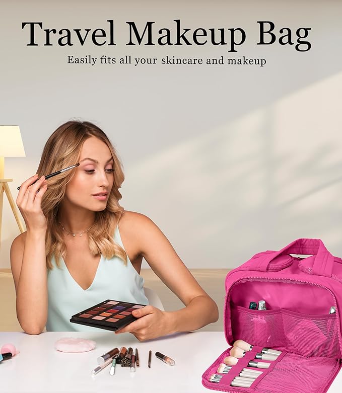 BUZFOWU Travel Toiletry Bag for Women, Large Wide-open Puffy Cosmetic Makeup Bag with Wet-Dry Separation, Multi-Pocket Organizer with Carry Handle for Toiletries, Cosmetics, Essentials, Rose Red