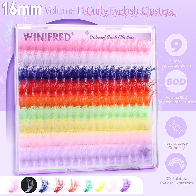Colored Lash Clusters Eyelash Clusters D Curvature Eyelash Extensions 16MM Mixed Colorful Individual Lashes 80D Pink White Green Yellow Purple Blue Red DIY Rainbow Lash Extension by Winifred