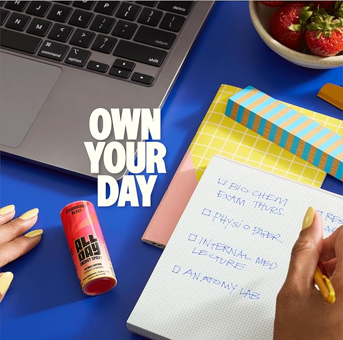 ALLDAY Caffeine Spray, Promotes Focus and Energy (Strawberry Blast, 4 Bottles, 48 Sprays) | 32mg Natural Caffeine per Spray | Pocket-Size Energy Shot with L-Theanine, Vitamin B12, & Vitamin D