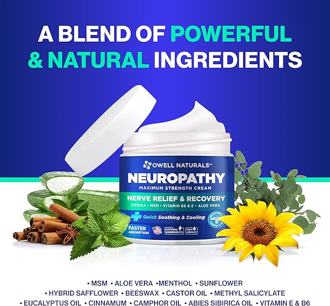 OWELL NATURALS Neuropathy Cream – Maximum Strength - Non Greasy, All Natural for Feet, Hands, Legs, Toes Discomfort Made in USA (4 Fl Oz (Pack of 2))