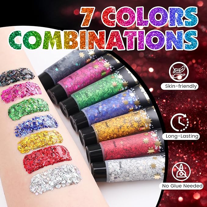 AROIC Face Glitter, 14Pcs Mardi Gras Accessories, Body & Hair Glitter Gel Sparkle Makeup for Women Party Rave Outfits, Concerts Festival Face Paint，Rave Accessories Music Festivals Black Light Party