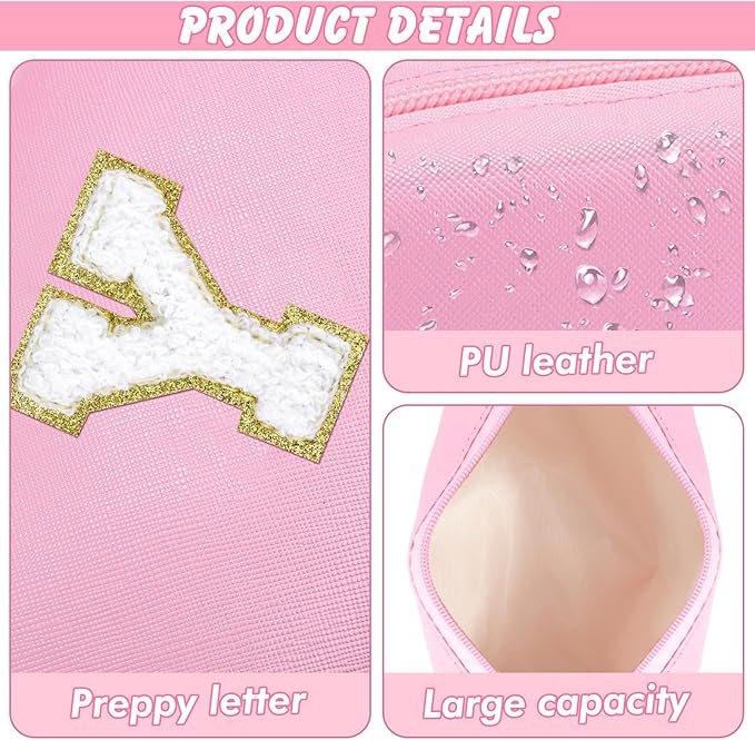 URSKYTOUS Initial Makeup Bag Personalized Preppy Travel Small Cosmetic Bag Cute PU Pink Chenille Letter Makeup Pouch for Purse Waterproof Zippered Toiletry Organizer for Women Girls Kids Friends (Y)