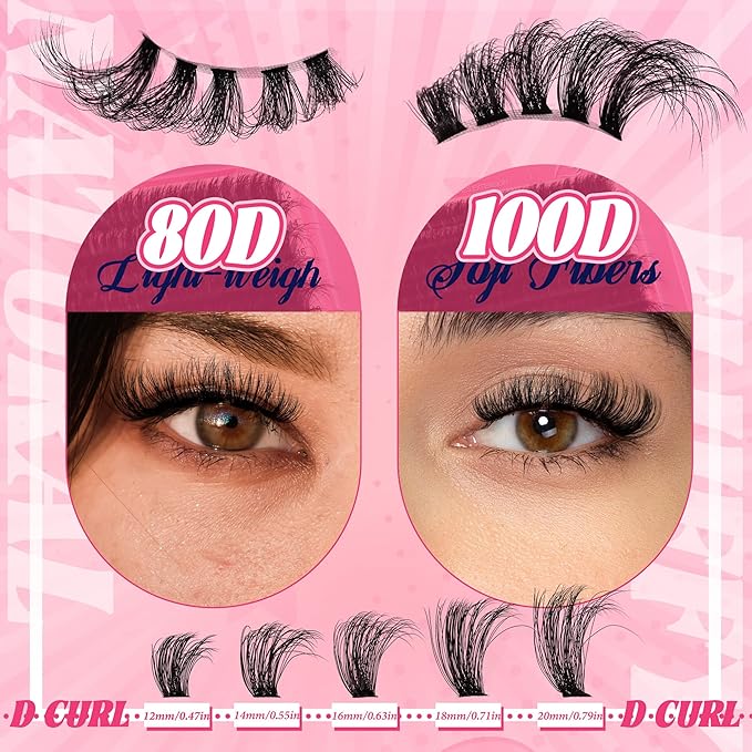 280 Pcs Lash Clusters Extensions Kit - 80D 100D 12-20mm Faux Mink Individual Eye Lash Clusters with D Curl Wispy for DIY Lash Extension at Home