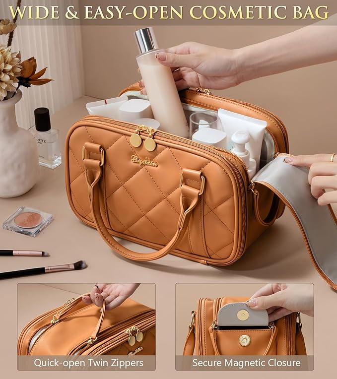 Bagstellar Travel Makeup Bag, Large Capacity Quilted Toiletry Bags for Women, Wide-open Cosmetic Bags Make Up Case Organizer Portable Pouch with Handle & Brush Holder for Traveling Accessories, Brown