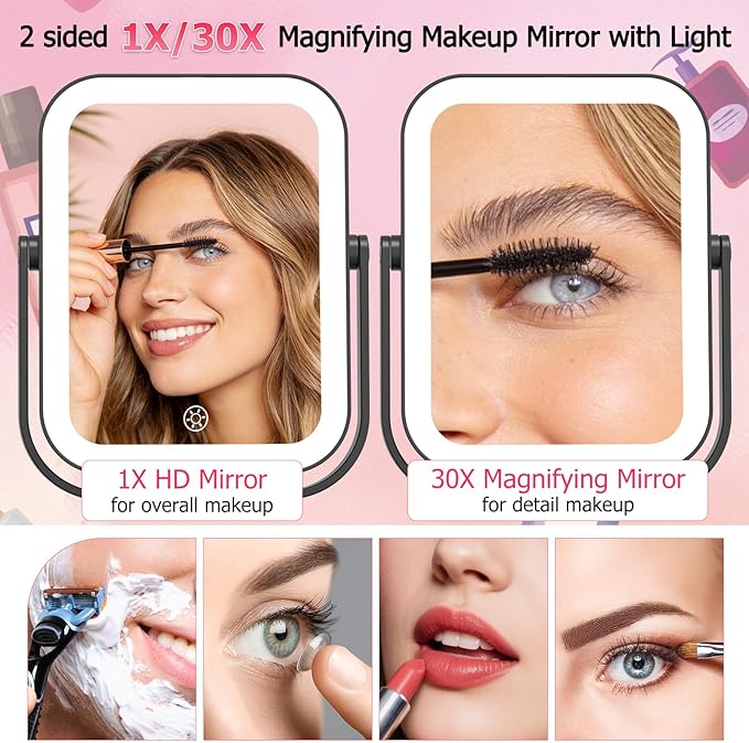 FUNTOUCH 30X/1X Travel Makeup Mirror with Lights, 3000mAh Rechargeable 2-Sided Magnifying Mirror, Portable Vanity Mirror, 3-Color Lighting Dimmable Touch Screen, for Women Gift, Black