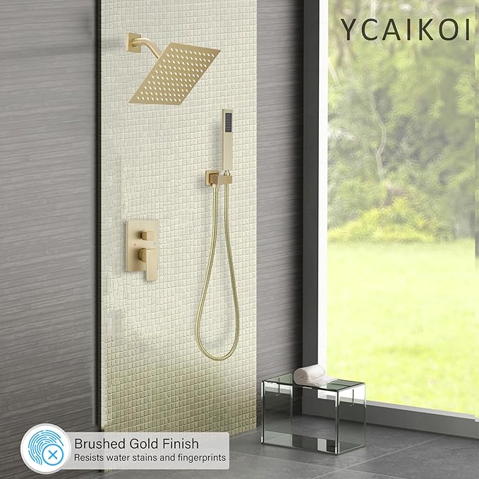 YCAIKOI Brushed Gold Shower System, 8 Inch High Pressure Rain Shower with Handheld, Wall Mount Shower Faucet Set for Bathroom, Rough-in Valve Body and Trim Included