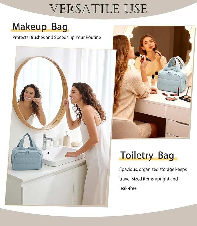 BUZFOWU Travel Toiletry Bag for Women, Large Wide-open Puffy Cosmetic Makeup Bag with Wet-Dry Separation, Multi-Pocket Organizer with Carry Handle for Toiletries, Cosmetics, Essentials, Light Blue