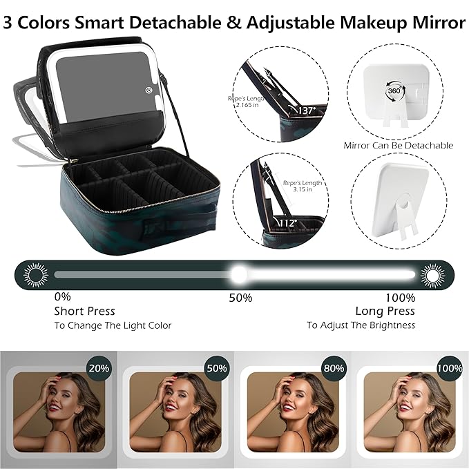MOMIRA Makeup Train Case with Light-up Mirror, Cosmetic Bag Organizer, Portable Travel Makeup Case with Adjustable Dividers, Waterproof, Zebra-Green