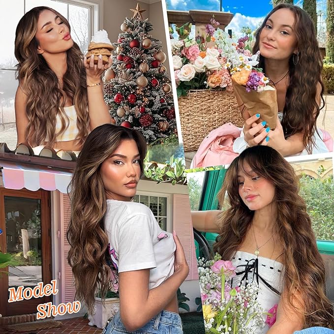 ALXNAN Clip in Long Wavy Synthetic Hair Extension 24 Inch Brown with Caramel Highlights 4PCS Thick Hairpieces Fiber Double Weft Hair for Women