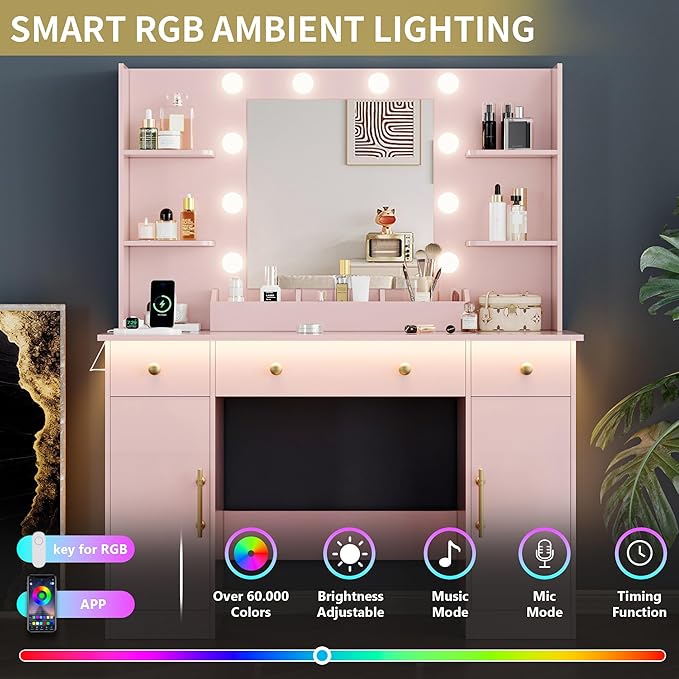 Vanity Desk with Mirror and Lights, 43'' Makeup Dressing Table Set with 5 Drawers & Power Outlet, 3 Lighting Modes Brightness Adjustable, Vanity with RGB Ambient Light for Women Girls Bedroom, Pink