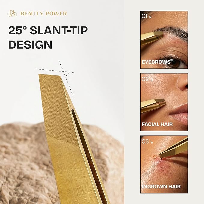 Ultra-Precision Professional Slant Tweezers for Women Facial Hair - German Stainless Steel, Lightweight Black Tweezers for Women & Men, Ideal for Eyebrow & Facial Grooming (Matte Gold)
