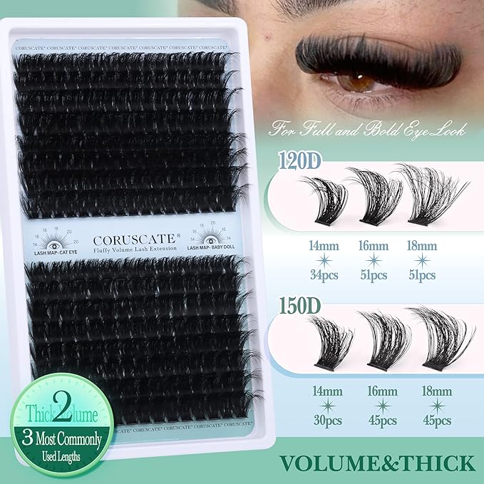 CORUSCATE Lash Clusters 120D+150D Eyelash Clusters Long Individual Lashes 14-18mm Thick Cluster Eyelash Extensions 256pcs Volume Strip Eyelashes Mink DIY Cat Eye Lashes Extension