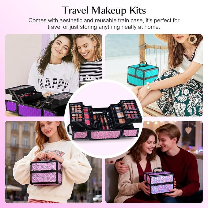 Color Nymph All in one Makeup Kit For Girls Teens, Makeup Set 4 Trays Spacious Space Train Case for Beginner with Eyeshadow Highlighter Lipgloss Blush Contour Concealer Brush Eyeliner Lipbalm